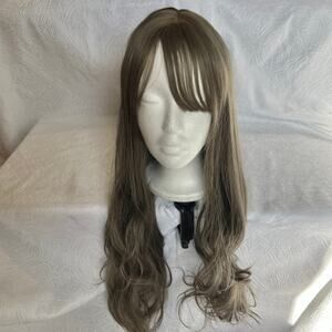 Ash Grey Brown Long Curly Cosplay Wig Wispy Bangs